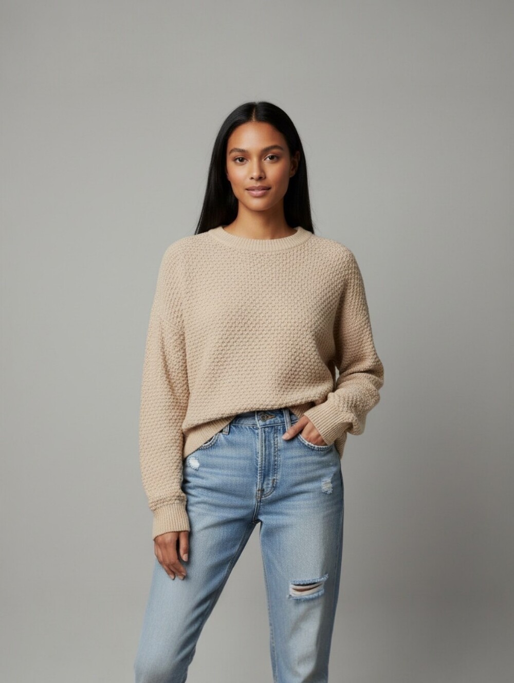 Fashion Classic Crewneck Knit Women's High-Low Sweater in Beige, EUC, S